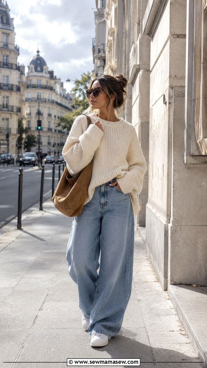 Baggy Jeans and Oversized Knit Sweater - 30 Minimalist travel outfits