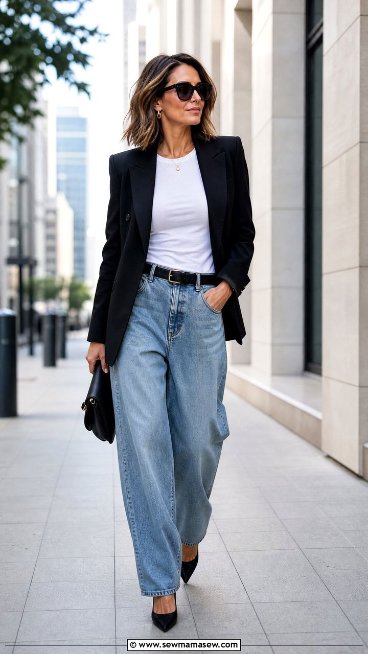 Baggy Jeans and Structured Blazer With Pointed Toe Pumps - 35 Jeans and heels outfit ideas over 40