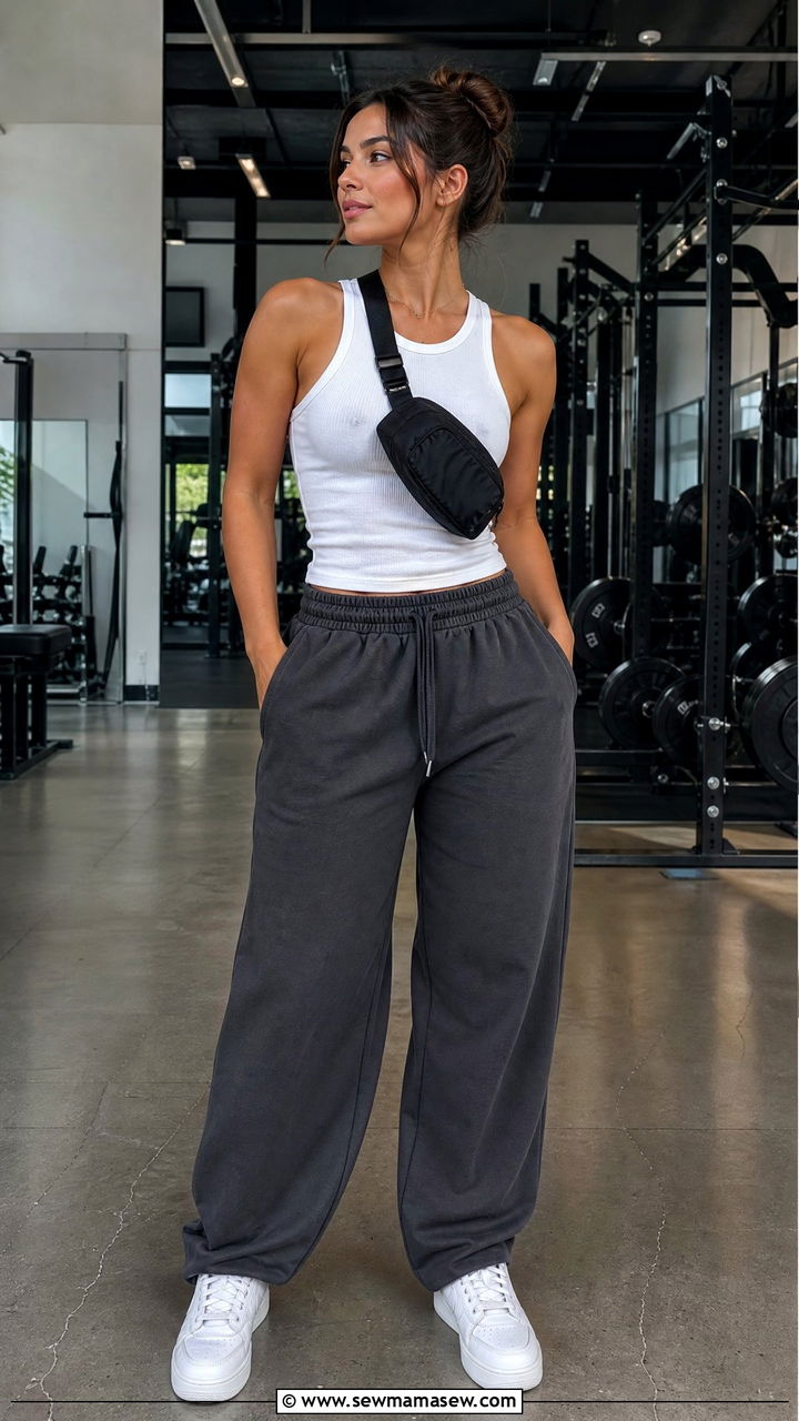 Baggy Joggers with Fitted Tank Top - 25 Gym outfit ideas aesthetic