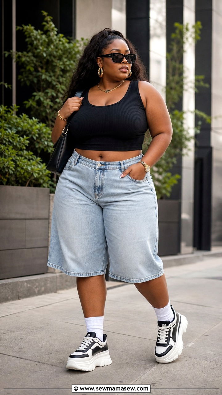 Baggy Jorts with Fitted Crop Top - 25 Denim shorts outfit ideas plus size