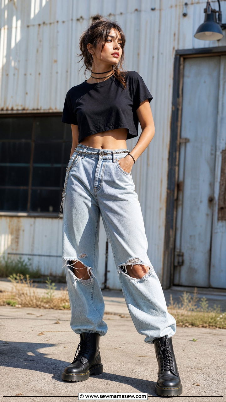 Baggy Ripped Jeans with Cropped Black Tee - 30 summer grunge outfits