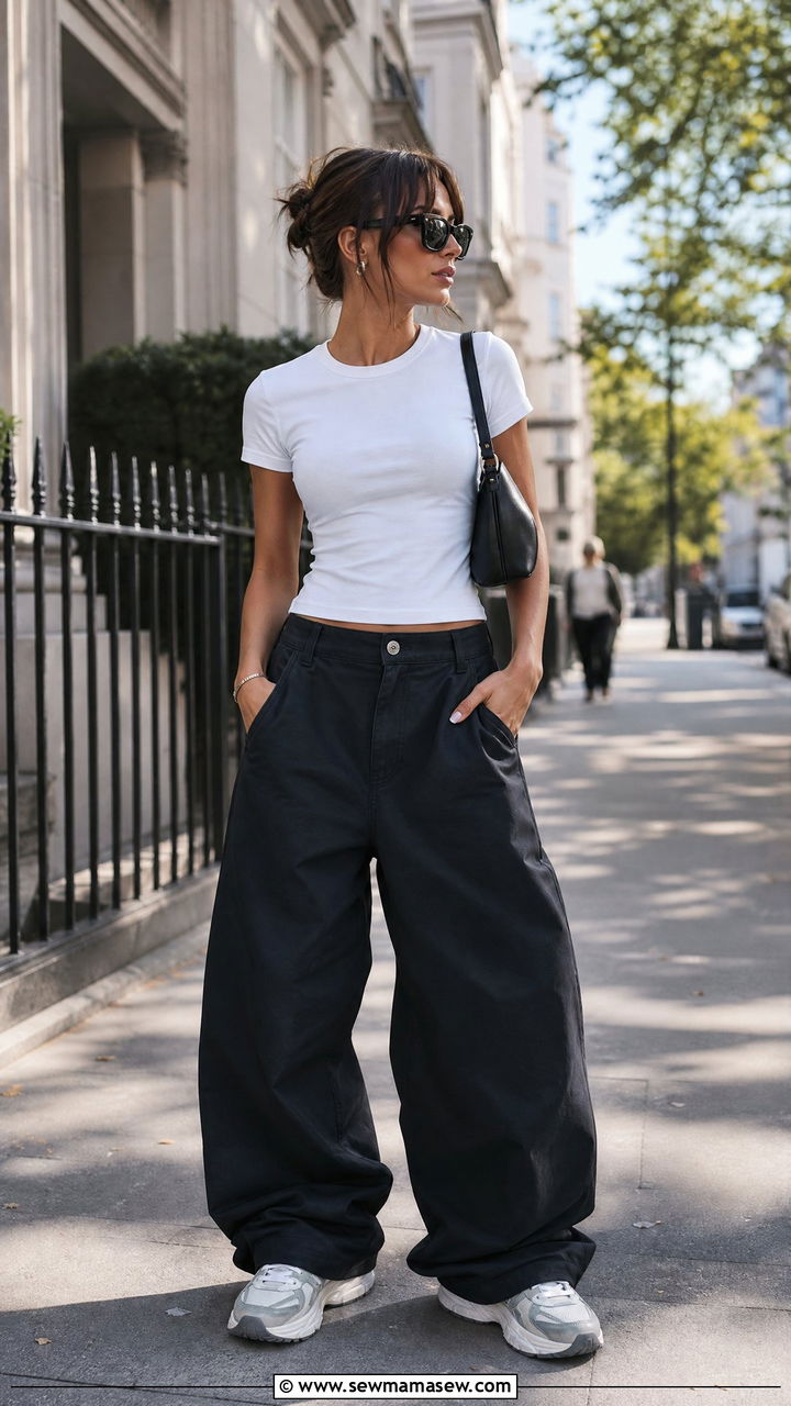 Baggy Trousers With Fitted Tee And Chunky Trainers - 35 How to style trousers