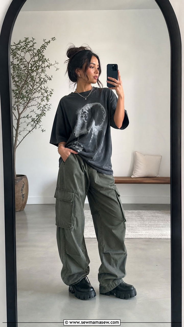 Baggy cargo pants with an oversized graphic tee and lug sole boots - 25 Petite outfit ideas to avoid