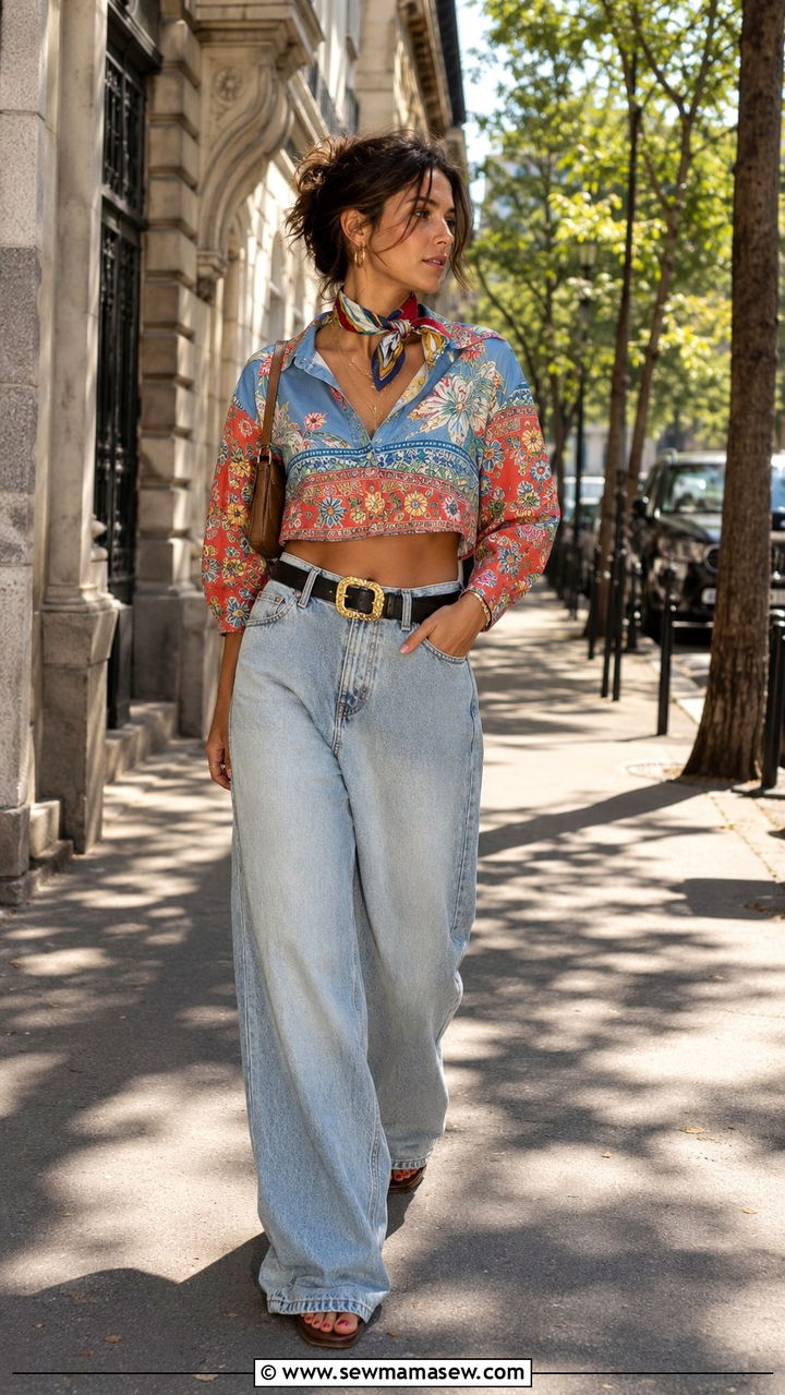 Baggy jeans and cropped shirt outfit - 30 Spring Parisian outfits 2026