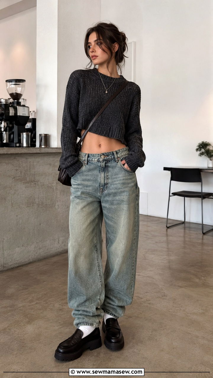 Baggy jeans with cropped sweater and chunky loafers - 30 grunge outfits to copy