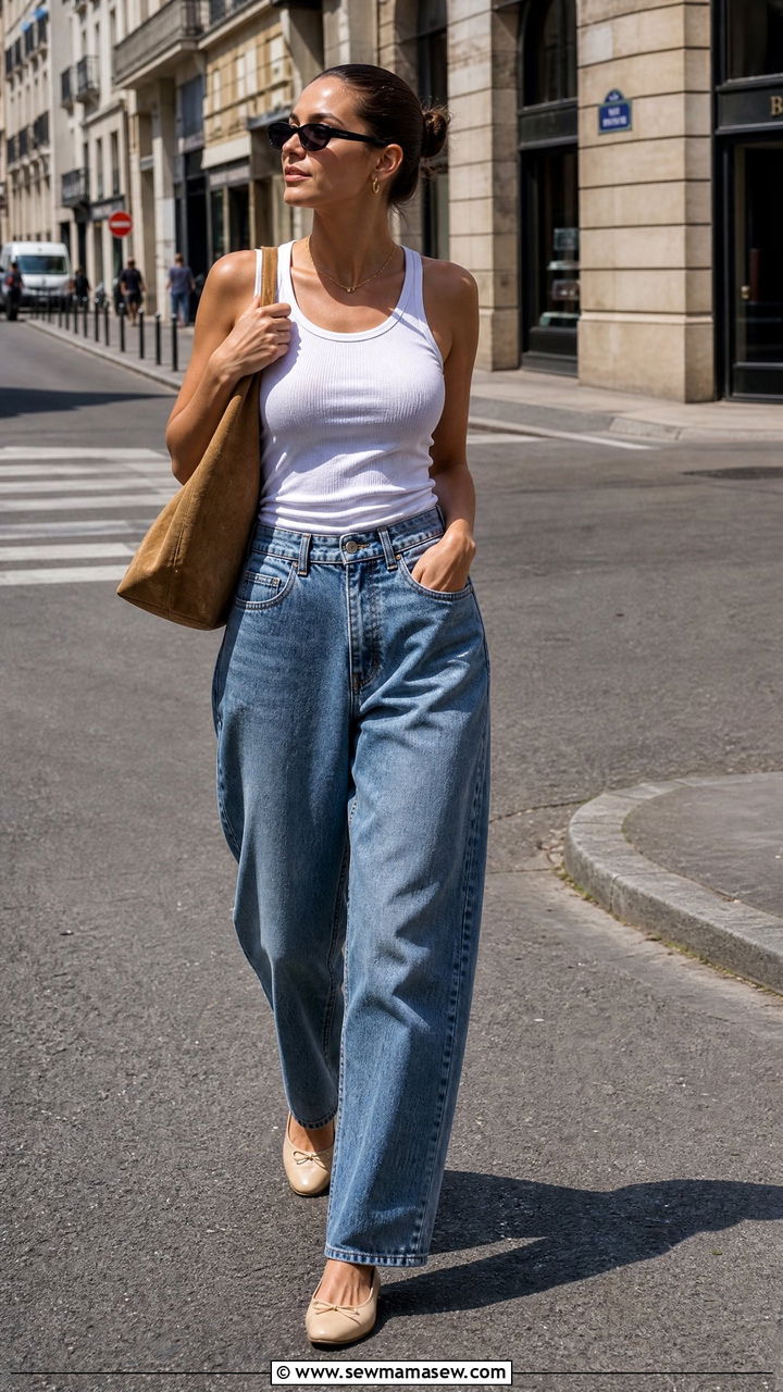 Baggy jeans with fitted vest top and ballet flats - 25 French girl outfit ideas with ballet flats
