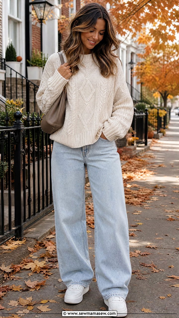 Baggy jeans with white sneakers and a chunky knit sweater - 25 Baggy jeans outfit ideas with white sneakers