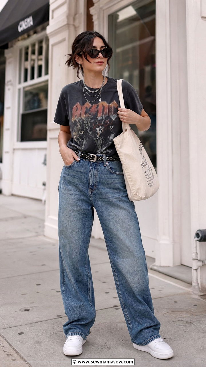 Baggy jeans with white sneakers and a graphic tee - 25 Baggy jeans outfit ideas with white sneakers