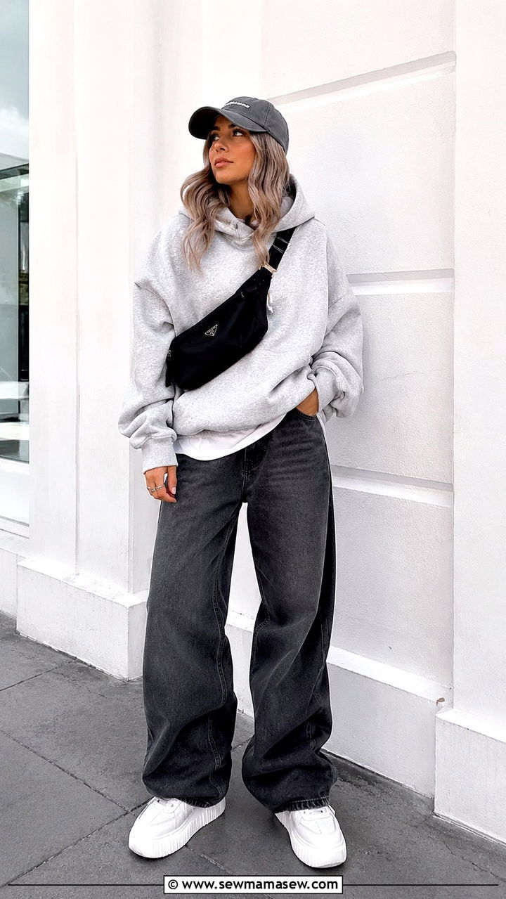 Baggy jeans with white sneakers and a leather jacket - 25 Baggy jeans outfit ideas with white sneakers
