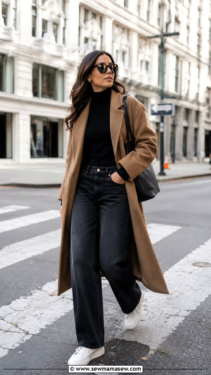 Baggy jeans with white sneakers and a long coat - 25 Baggy jeans outfit ideas with white sneakers