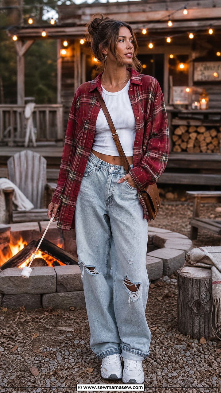 Baggy jeans with white sneakers and a plaid flannel - 25 Baggy jeans outfit ideas with white sneakers