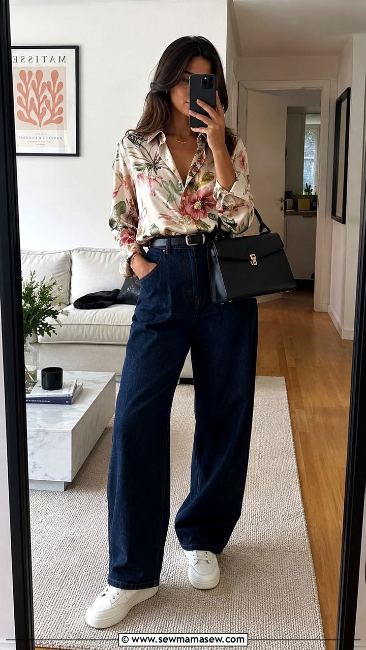 Baggy jeans with white sneakers and a printed blouse - 25 Baggy jeans outfit ideas with white sneakers