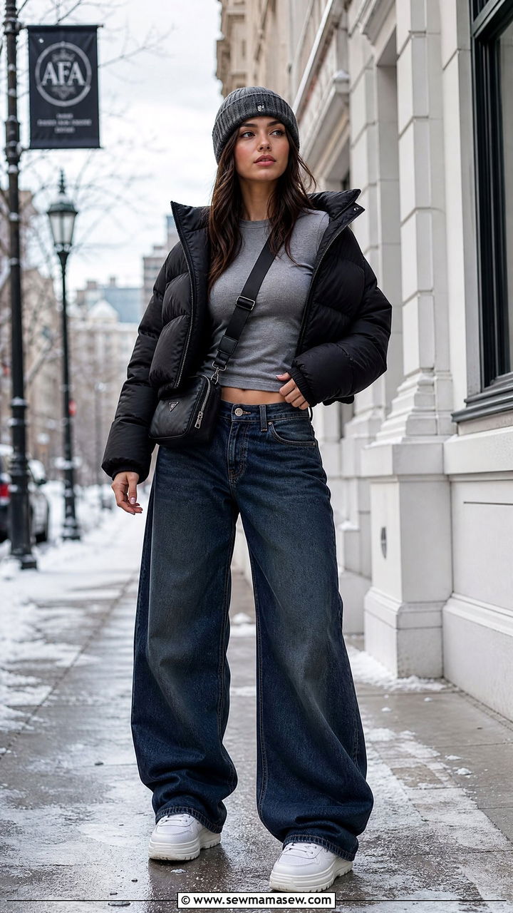 Baggy jeans with white sneakers and a puffer jacket - 25 Baggy jeans outfit ideas with white sneakers