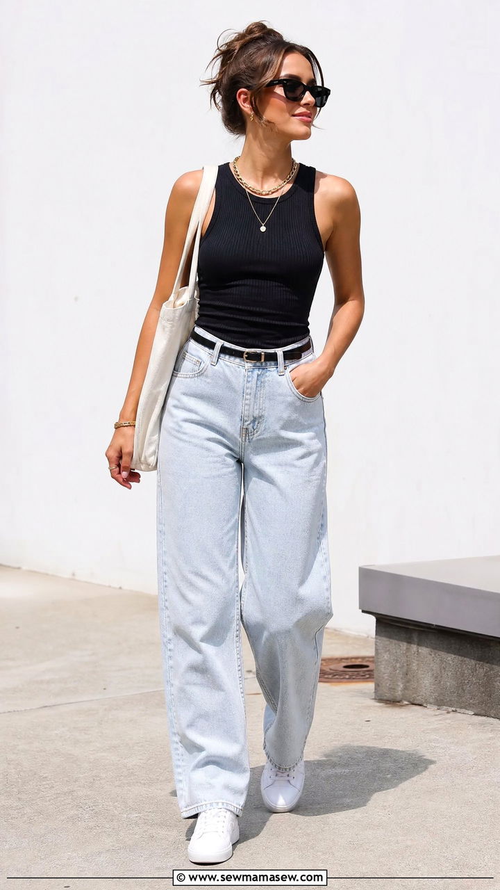 Baggy jeans with white sneakers and a vest top - 25 Baggy jeans outfit ideas with white sneakers