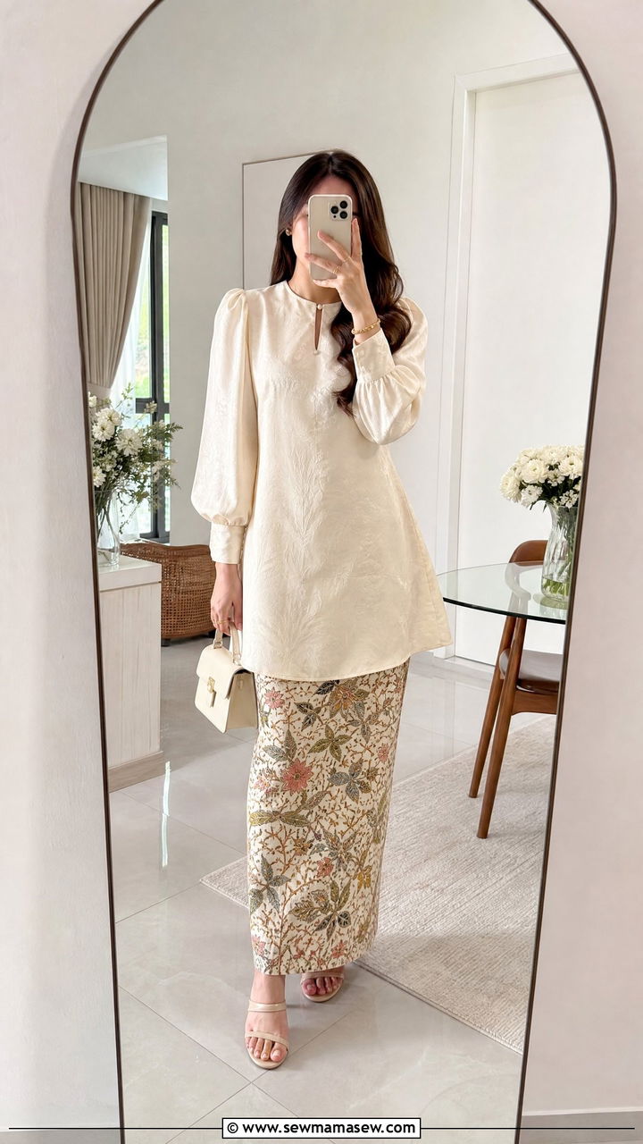 Baju Kurung with Patterned Skirt - 30 Eid al Fitr outfit ideas