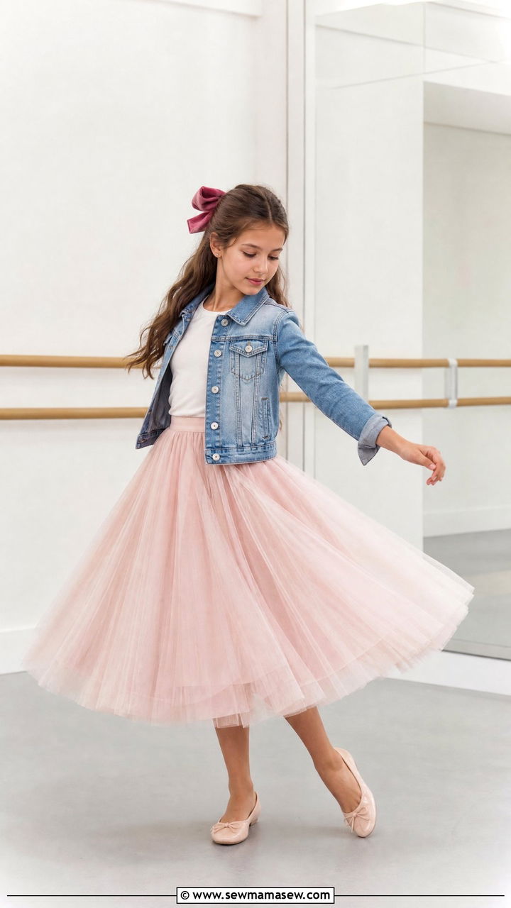 Ballerina Inspired Tulle Skirt With Denim Jacket Outfit - 30 Cute outfits for tweens
