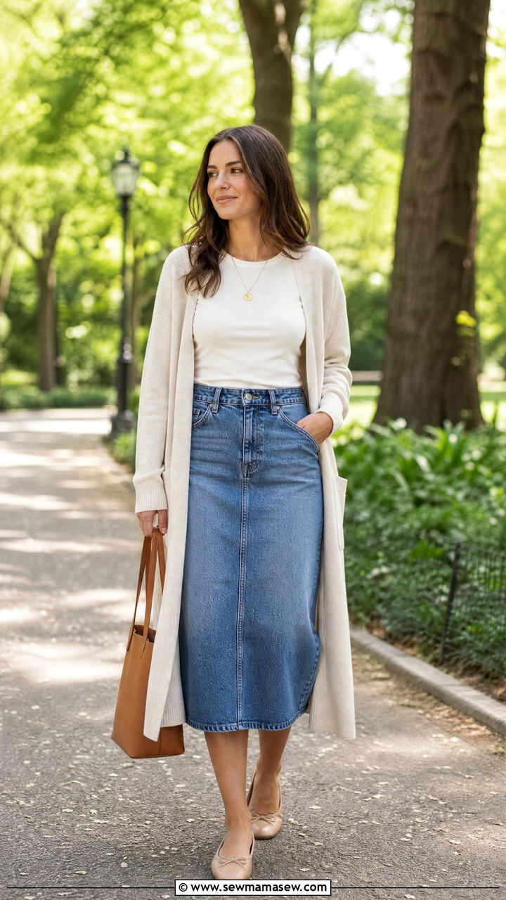 Ballet Flats And A Cardigan With A Denim Skirt - 35 How to style a denim skirt