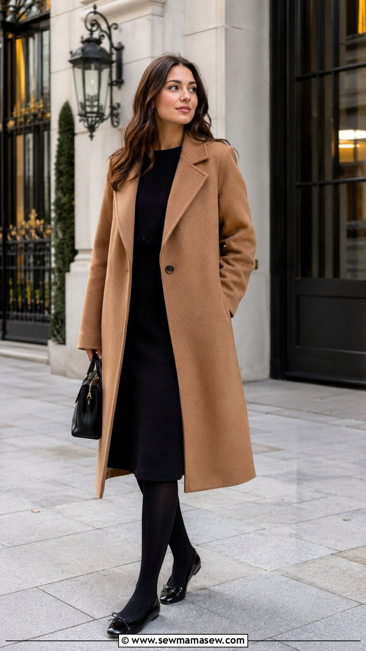 Ballet Flats With Long Wool Coat and Tights - 30 How to style ballet flats