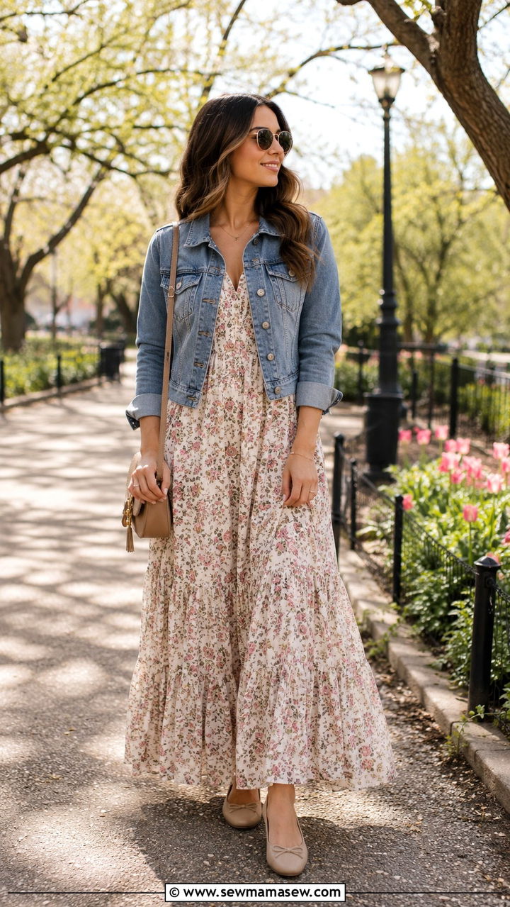 Ballet Flats With Maxi Dress and Denim Jacket - 30 How to style ballet flats