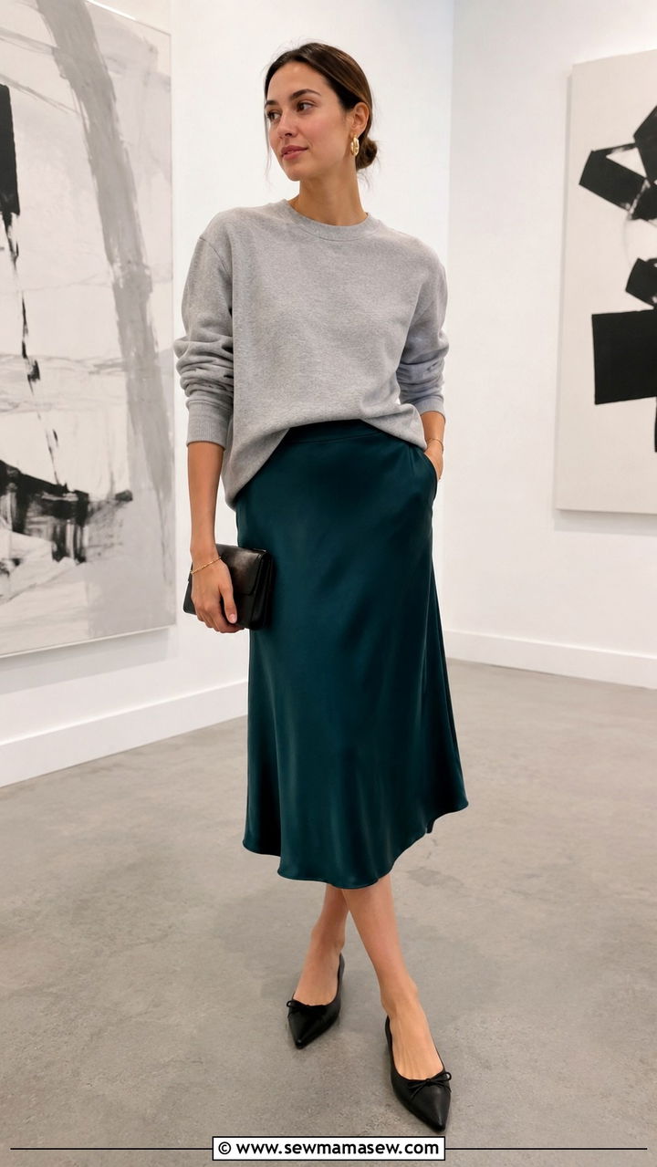 Ballet Flats With Satin Midi Skirt and Sweatshirt - 30 How to style ballet flats