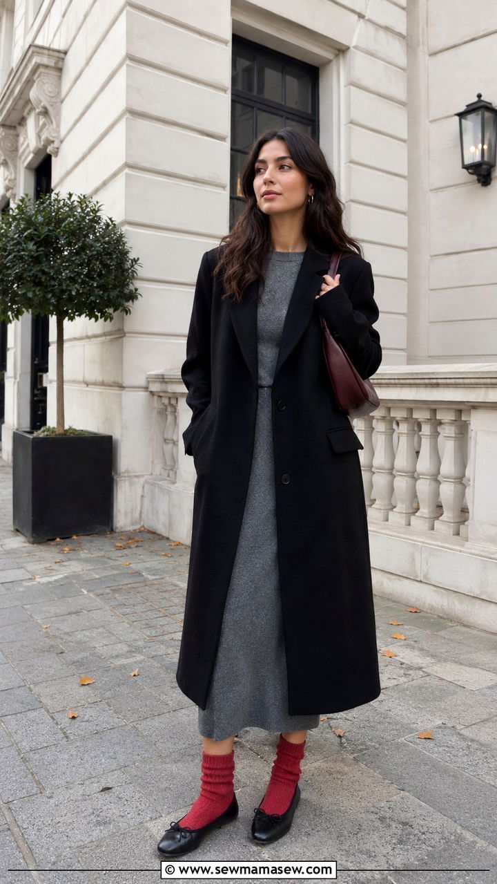 Ballet Flats With Statement Socks and Long Coat - 30 How to style ballet flats