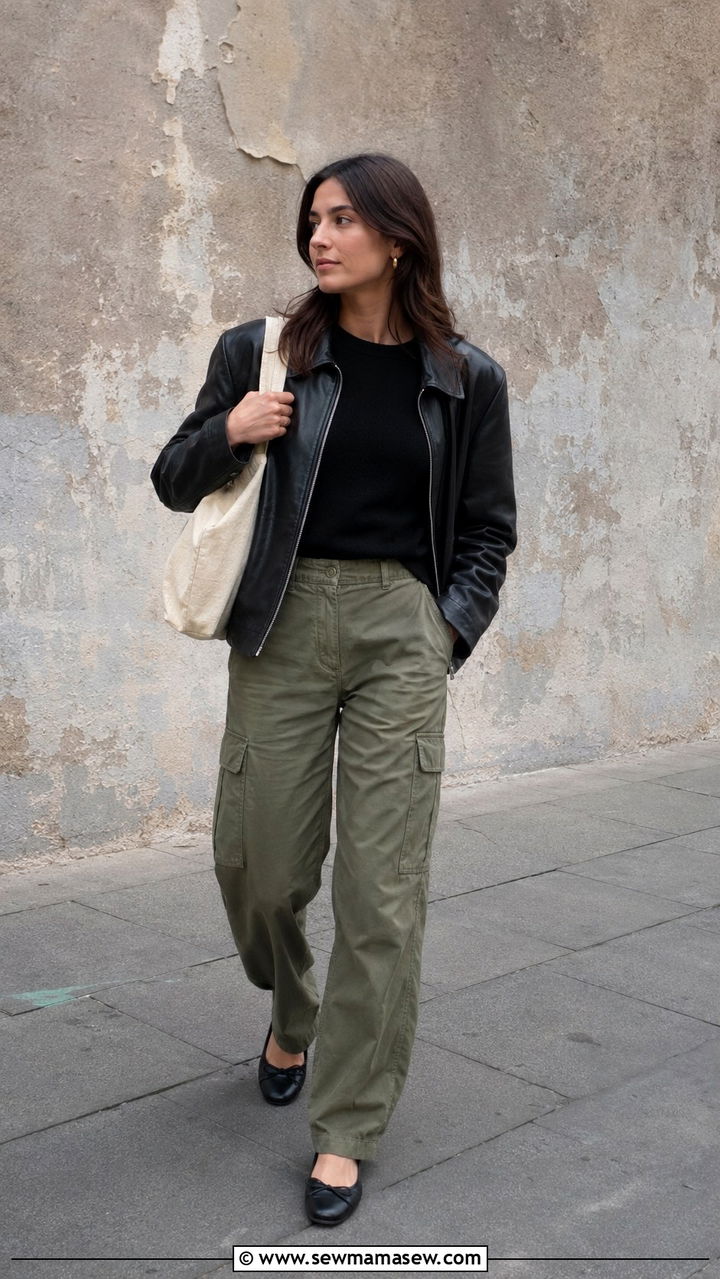 Ballet Flats with Cargo Pants and a Leather Jacket - 30 How to style ballet flats in spring