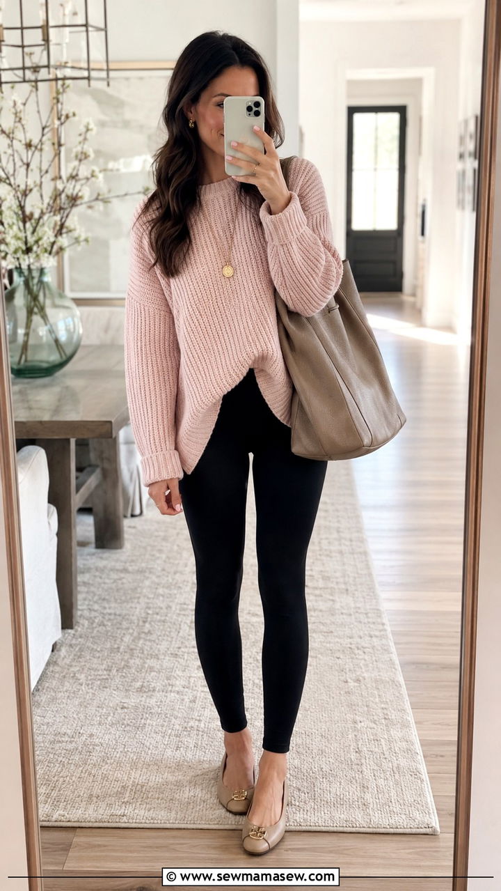 Ballet Flats with Leggings and an Oversized Sweater - 30 How to style ballet flats in spring