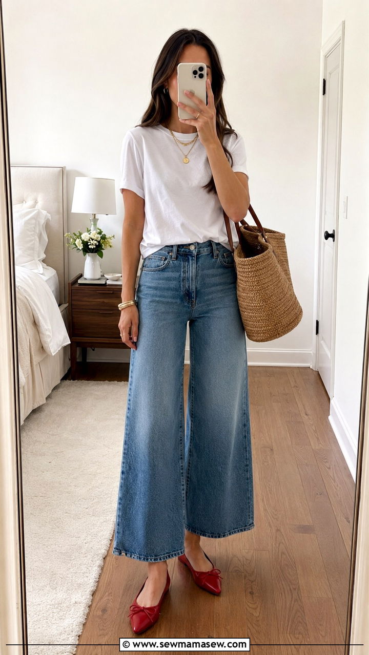 Ballet Flats with Wide Leg Cropped Jeans and a White Tee - 30 How to style ballet flats in spring