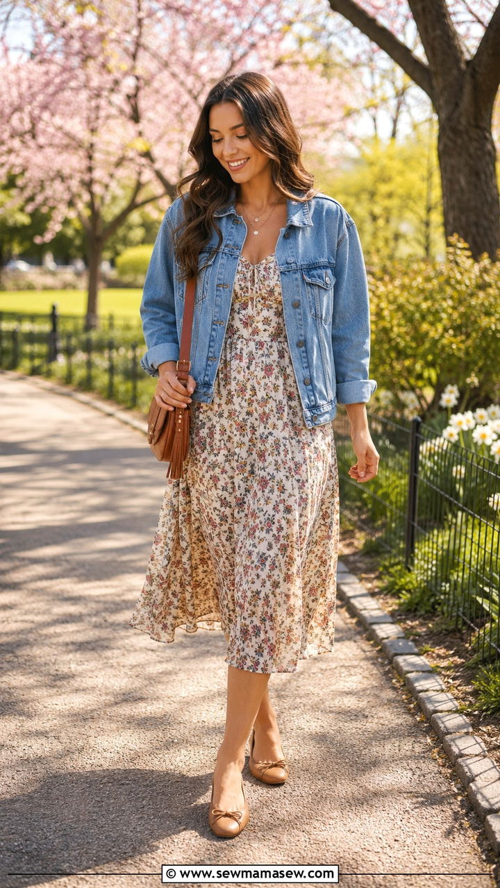 Ballet Flats with a Denim Jacket and Floral Dress - 30 How to style ballet flats in spring