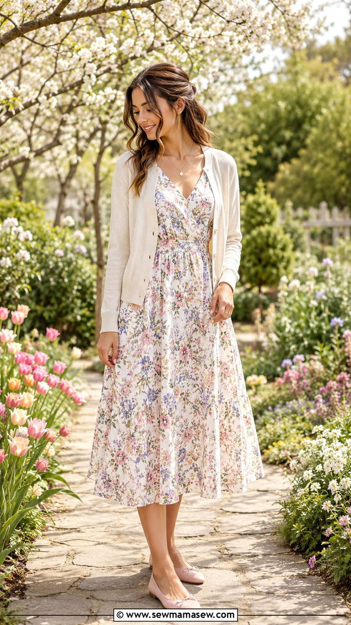 Ballet Flats with a Floral Midi Dress and Lightweight Cardigan - 30 How to style ballet flats in spring