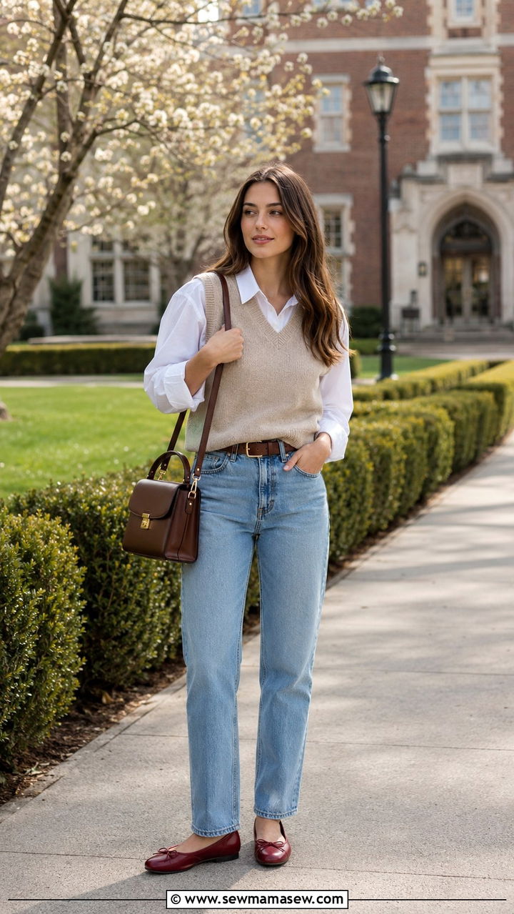 Ballet Flats with a Sweater Vest and Straight Leg Jeans - 30 How to style ballet flats in spring