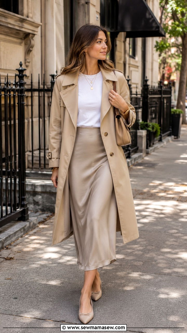 Ballet Flats with a Trench Coat and Slip Skirt - 30 How to style ballet flats in spring