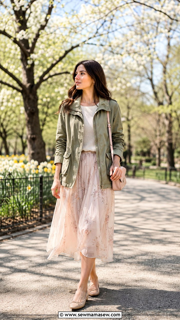 Ballet Flats with a Utility Jacket and Midi Skirt - 30 How to style ballet flats in spring