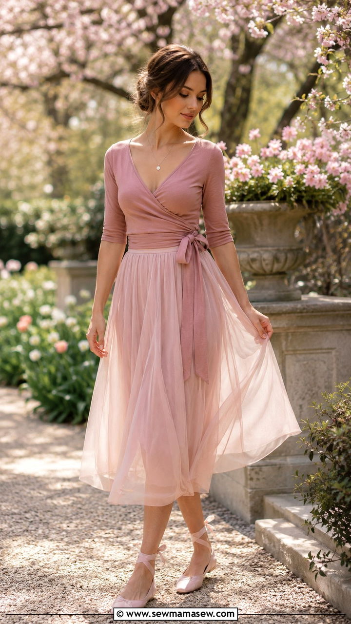 Ballet core wrap top with midi skirt - 30 Playful spring outfit ideas