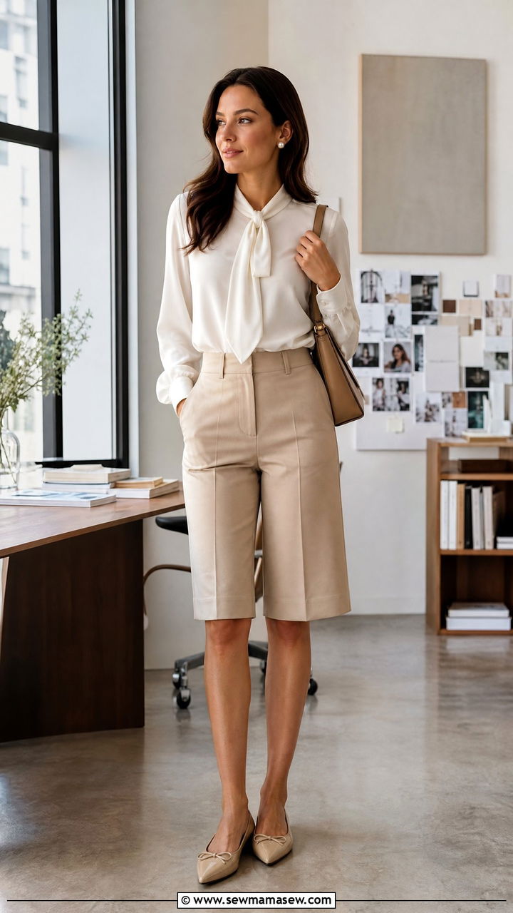 Ballet flats with Bermuda shorts and blouse - 30 Summer outfits with ballet flats