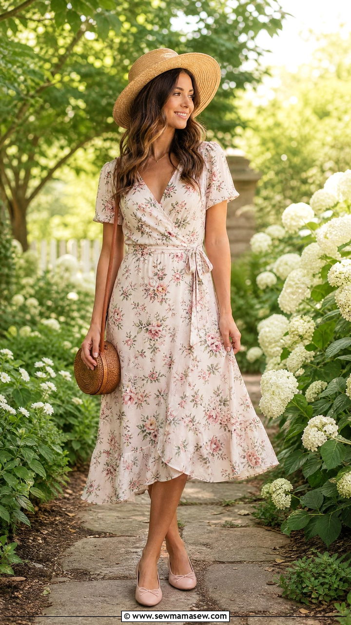 Ballet flats with floral midi dress - 30 Summer outfits with ballet flats