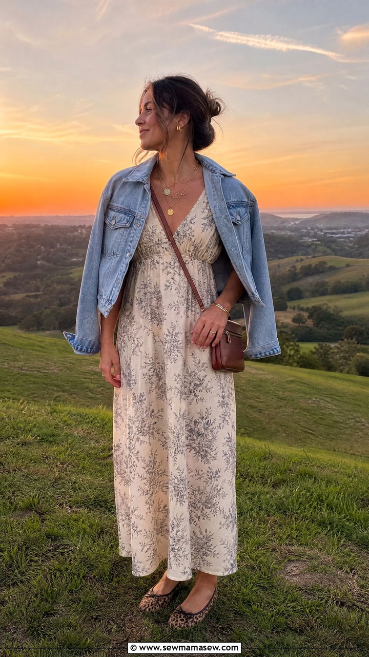 Ballet flats with maxi dress and denim jacket - 30 Summer outfits with ballet flats