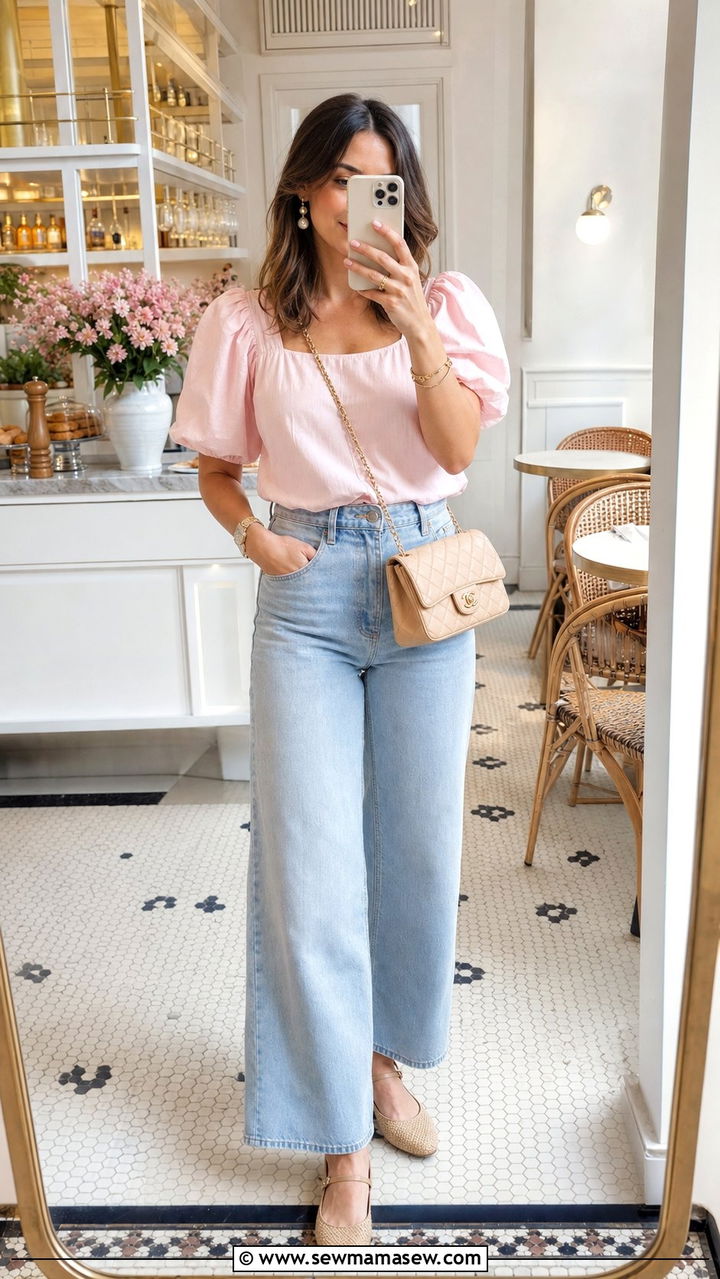 Ballet pink puff sleeve top with high waisted wide leg jeans - 25 Spring outfits for 30 year old woman
