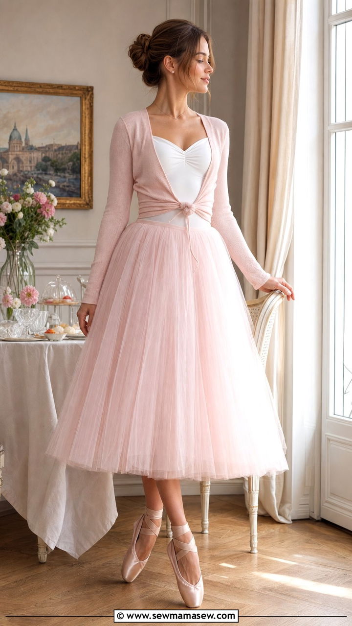 Balletcore Wrap Cardigan and Tulle Midi Skirt Outfit - 25 cute outfits aesthetic