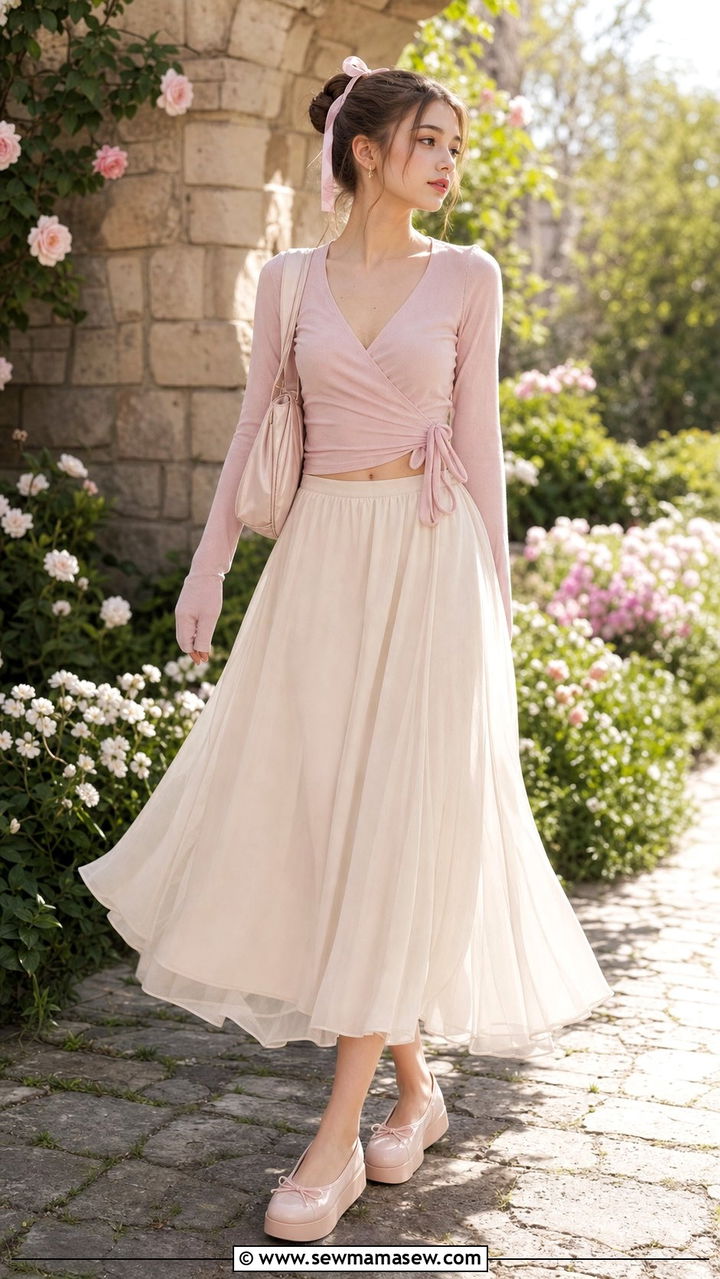 Balletcore Wrap Top with Flowy Skirt Outfit - 25 Cute spring outfits for teens