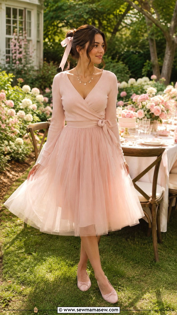 Balletcore wrap top and tulle midi skirt with ballet flats - 20 cute Pinterest outfits
