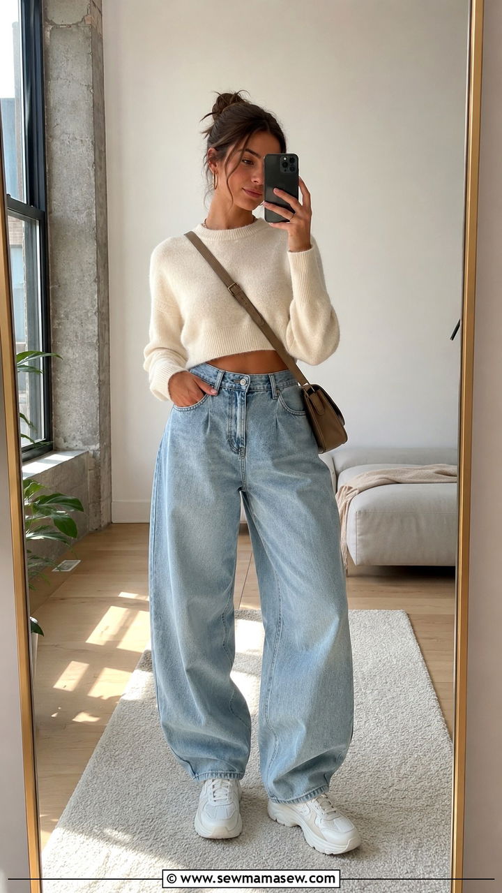 Balloon Jeans With Cropped Sweater and Sneakers - 25 balloon pants outfits inspo