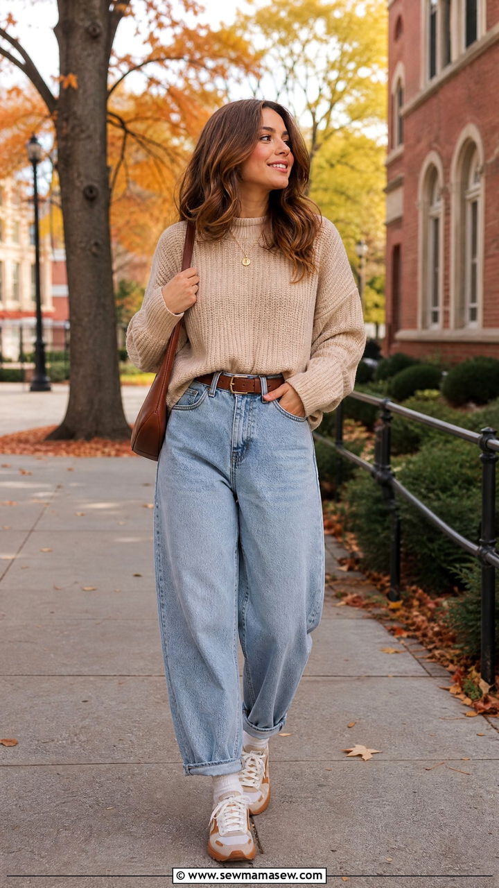 Balloon Mom Jeans with Beige Chunky Sweater - 30 College outfit ideas cute 2026