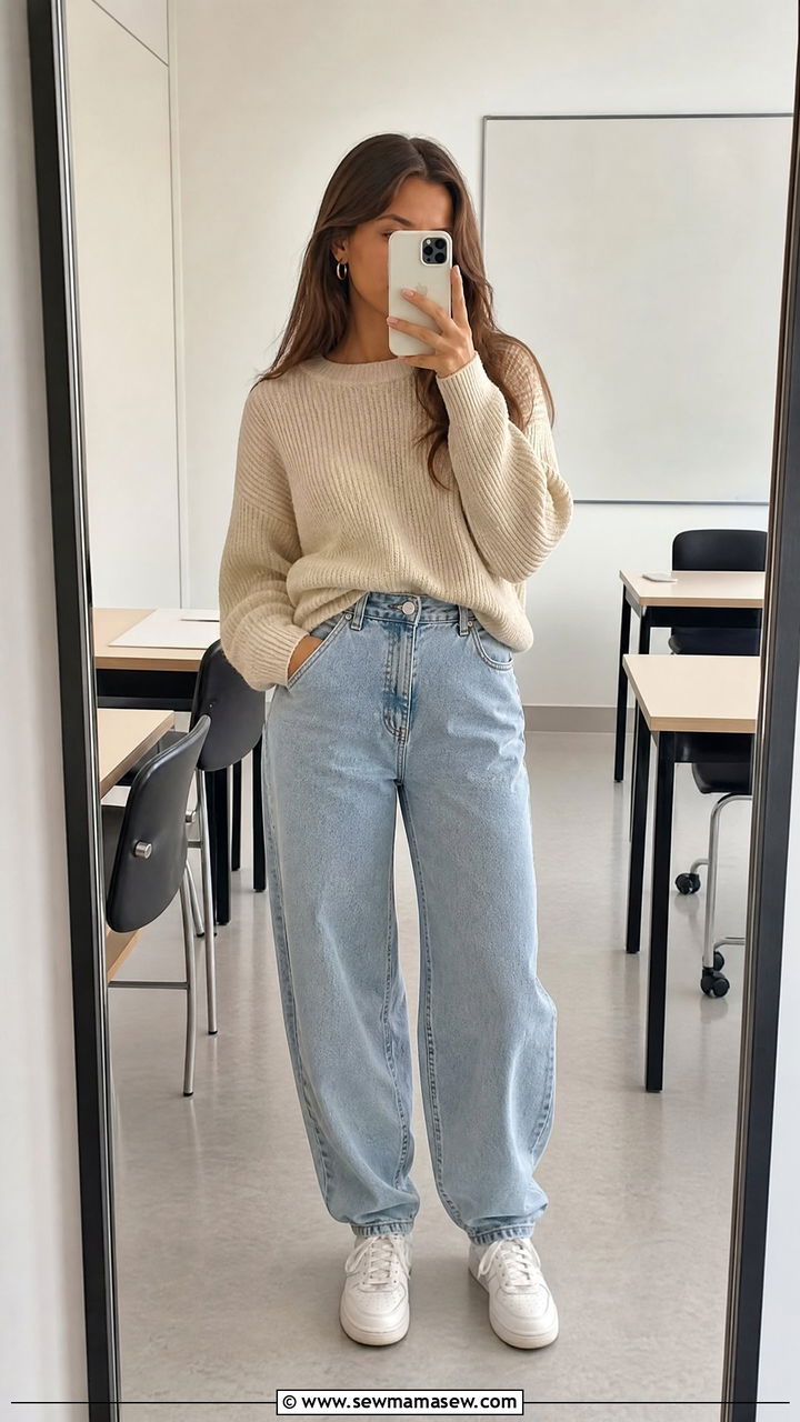 Balloon Mom Jeans with Lightweight Sweater - 30 Summer outfits for school