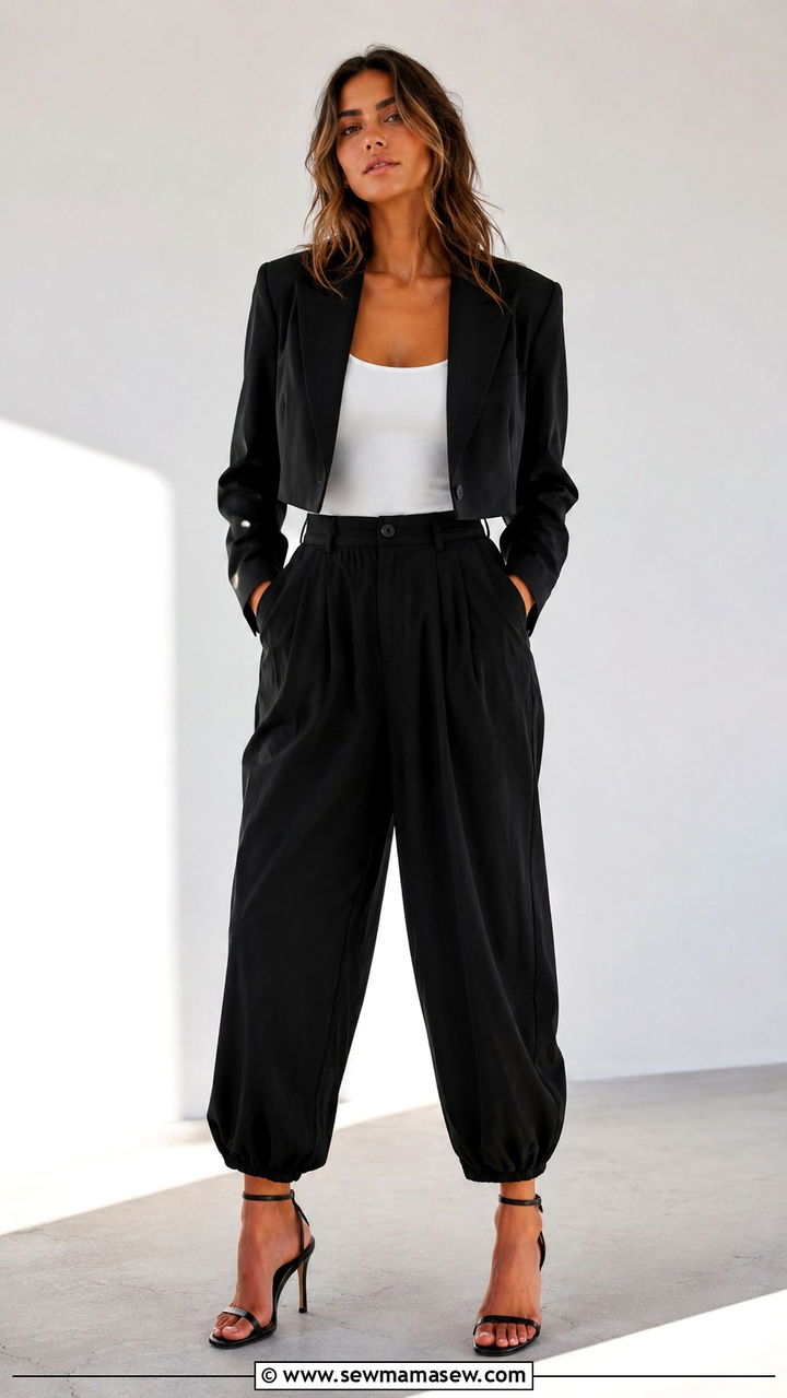 Balloon Pants With Cropped Blazer and Heels - 25 balloon pants outfits inspo