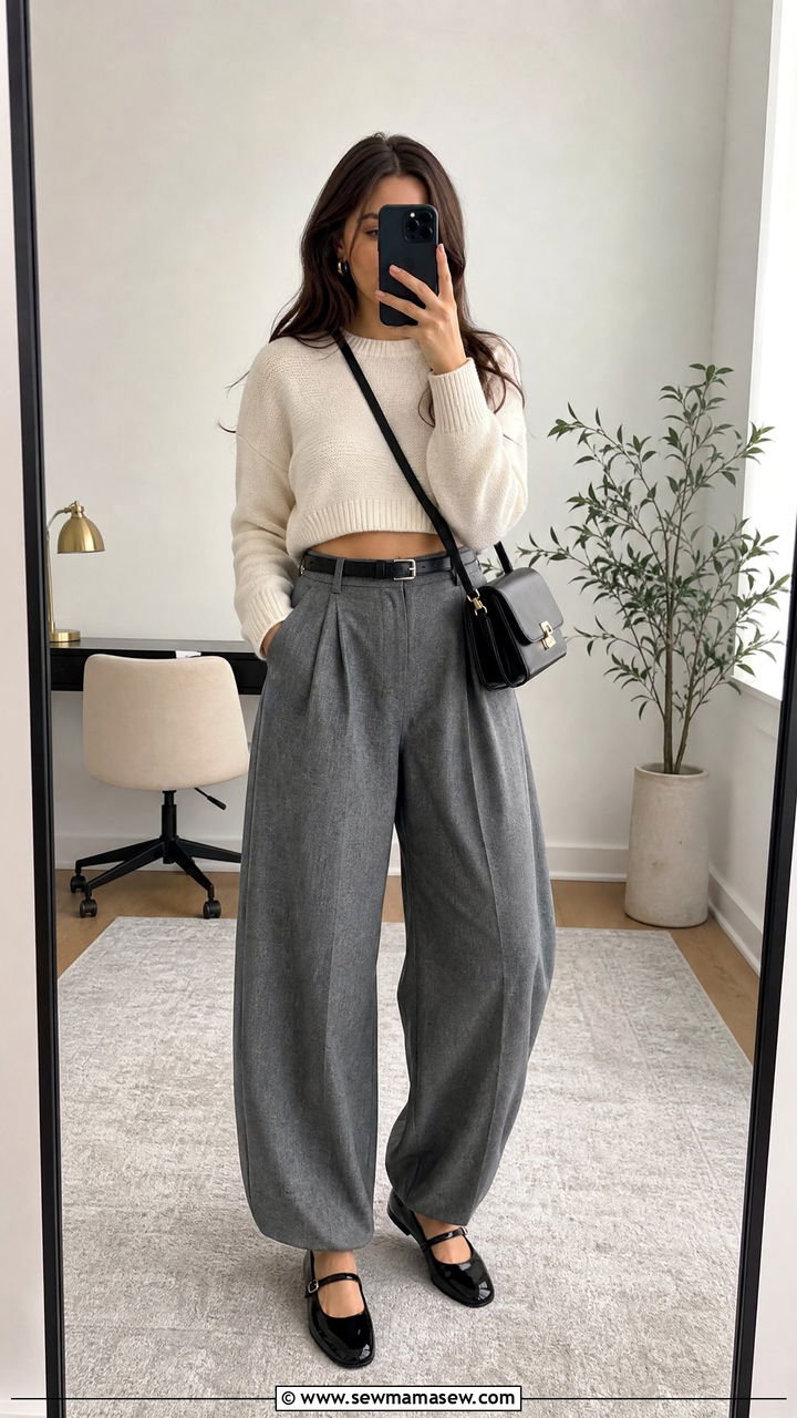 Balloon Pants With Cropped Sweater And Mary Jane Flats - 30 cute balloon pants outfits