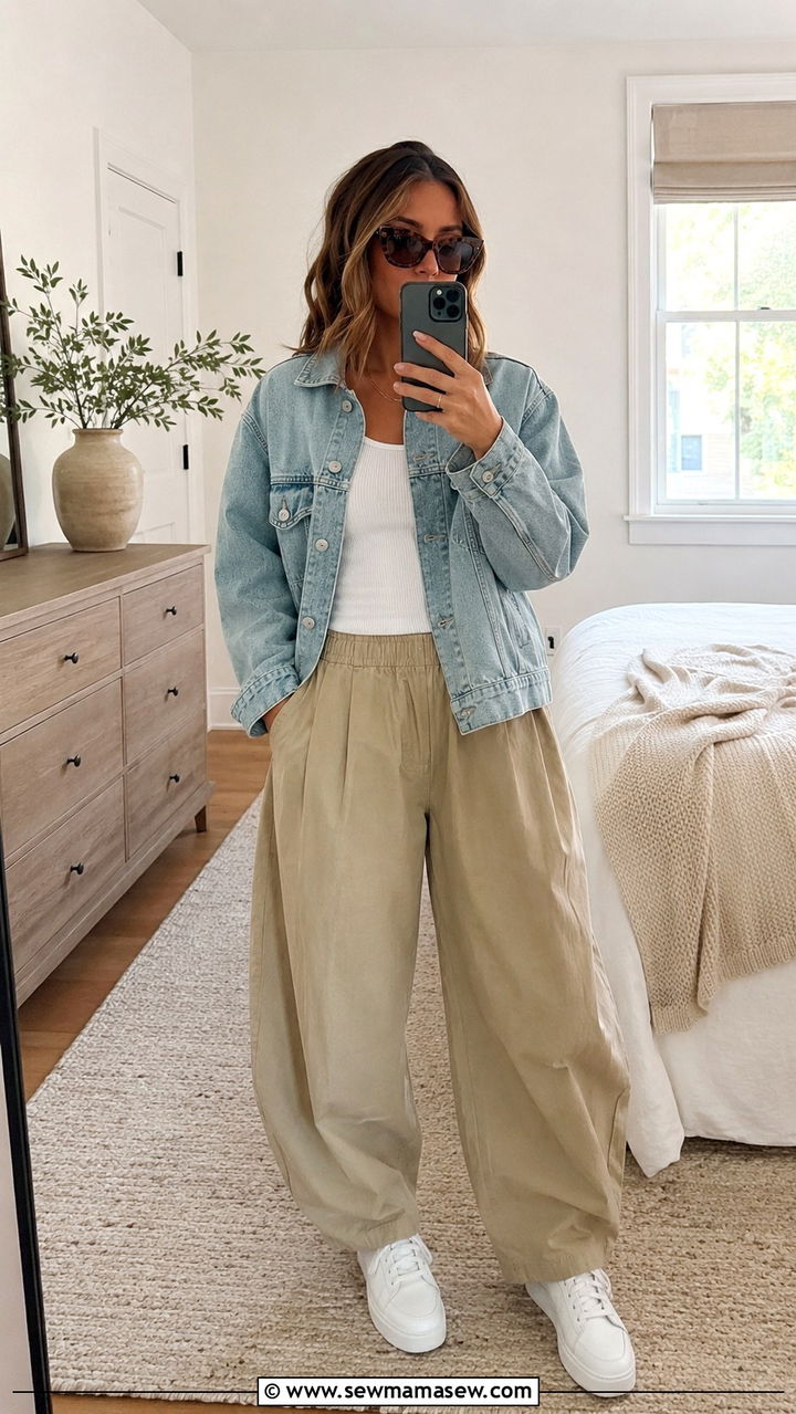 Balloon Pants With Denim Jacket and White Sneakers - 25 balloon pants outfits inspo