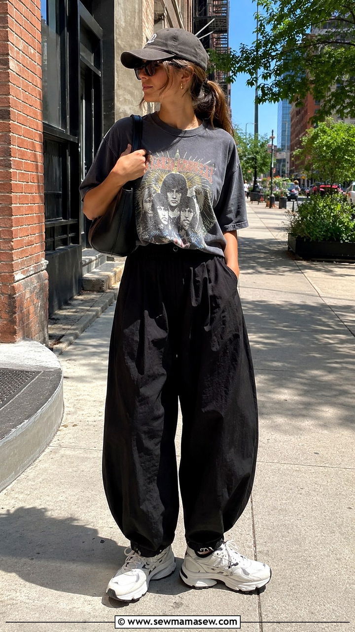 Balloon Pants With Graphic Tee and Chunky Sneakers - 25 balloon pants outfits inspo