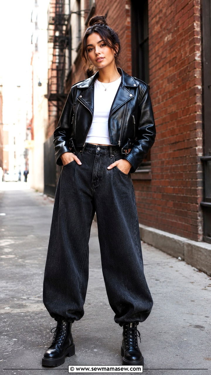 Balloon Pants With Leather Jacket and Boots - 25 balloon pants outfits inspo
