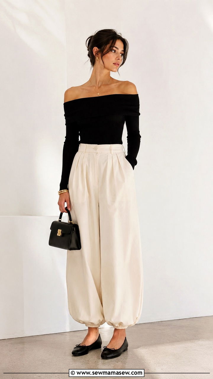 Balloon Pants With Off Shoulder Top and Ballet Flats - 25 balloon pants outfits inspo